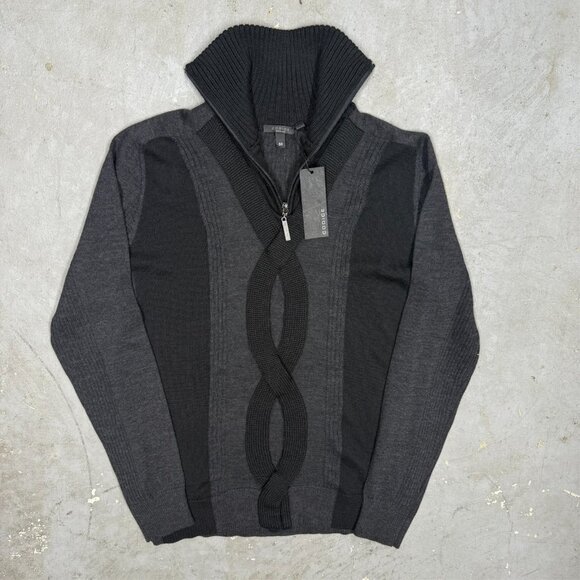 BNWT Codice Merino Wool Cable Knit Sweater 1/4 Zip Made in Italy Black 50 Medium - Picture 2 of 8